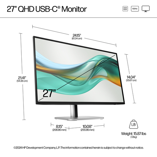 Sleek HP 27 inch QHD monitor showing edge-to-edge display