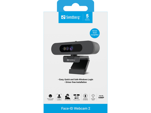 Sandberg Face-ID Webcam 2, 2 MP, 1920 x 1080 pixels, Full HD,30 fps,80° Wide,USB