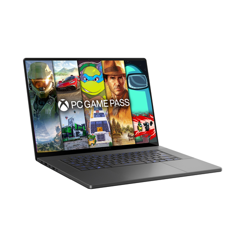 ASUS ROG Zephyrus G16 laptop side view, sleek gaming design with Intel Core Ultra 9 processor