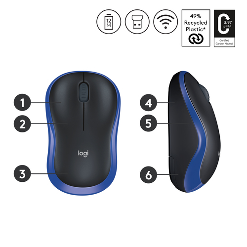 Logitech Wireless Mouse M185, Ambidextrous, Optical, RF Wireless, 1000 DPI, Blue