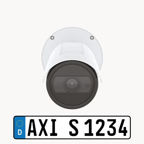 Axis 02811-001 camera installed at a gated entrance capturing vehicle license plates with clear daytime lighting