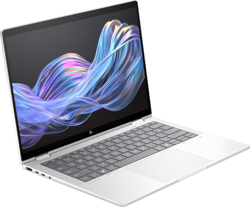 HP EliteBook X Flip G1i grey hybrid laptop flipped into tablet mode showing slim 2 in 1 design