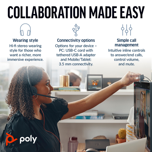 POLY Blackwire 3225 Stereo 3.5mm Plug +USB-C/A Adapter (Bulk), Wired, 20 - 20000 Hz, Headset/Headphones, Black