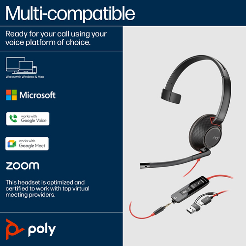 POLY Blackwire 5210 Monaural 3.5mm Plug +USB-C/A Adapter, Wired, Headset/Headphones, Black