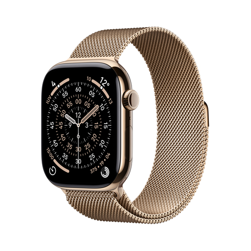 Close-up of Apple Watch Series 11 Gold Titanium Case displaying Retina digital screen.
