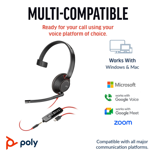 POLY Blackwire 5210 (8X230A6) Monaural 3.5mm+USB-C/A, Wired, Headset/Headphones