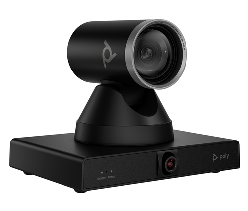 HP Poly Studio E60 8MP 4K PTZ conference camera angled perspective for meeting rooms