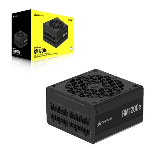 Corsair RM1200e 1200W PSU shown with retail packaging and 80 PLUS Gold efficiency badge