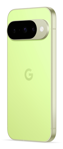 Google Pixel 10 lime green rear view showing the triple camera bar and side frame