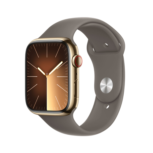 Side view of Apple Watch Series 9 GPS + Cellular in gold stainless steel