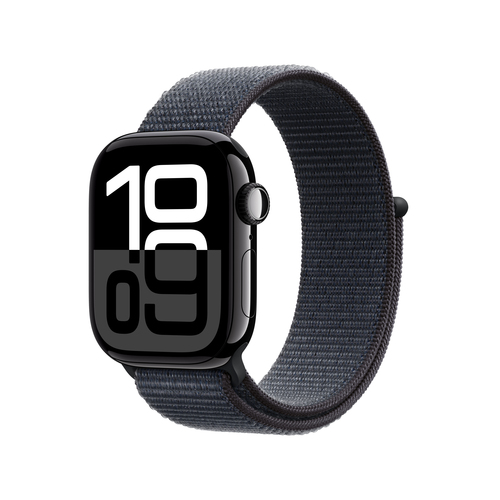 Apple Smartwatch Series 10 Jet Black aluminium smartwatch side view highlighting slim design and Ink Sport Loop strap.