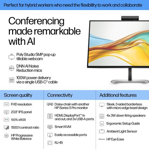 HP Series 5 Pro, 23.8 inch FHD USB-C Conferencing Monitor