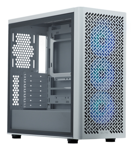 Cooler Master Elite 502 white gaming PC tower with mesh front panel and tempered glass