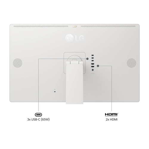 LG 32U889SA-W monitor highlighting USB-C connectivity ports