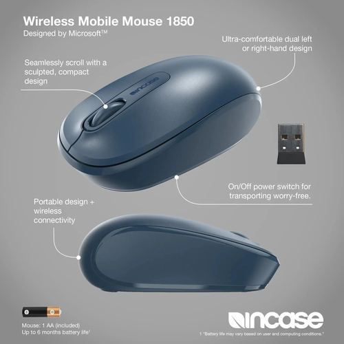 Incase Wireless Mobile Mouse 1850, Ambidextrous, Optical, 1000 DPI, Blue
