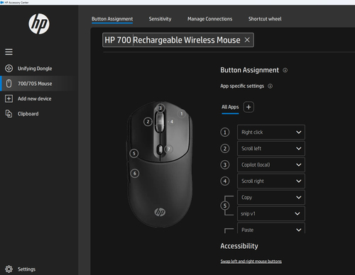 HP 700 Rechargeable Wireless Mouse, Ambidextrous, Bluetooth, 6000 DPI, Black