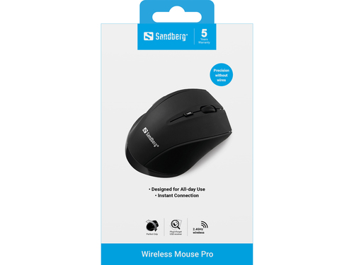 Sandberg Wireless Mouse Pro, Right-hand, Optical, RF Wireless, 1600 DPI, Black