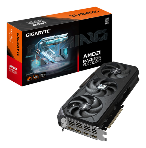 GIGABYTE Radeon RX 9070 GAMING OC 16G graphics card front view triple fan design