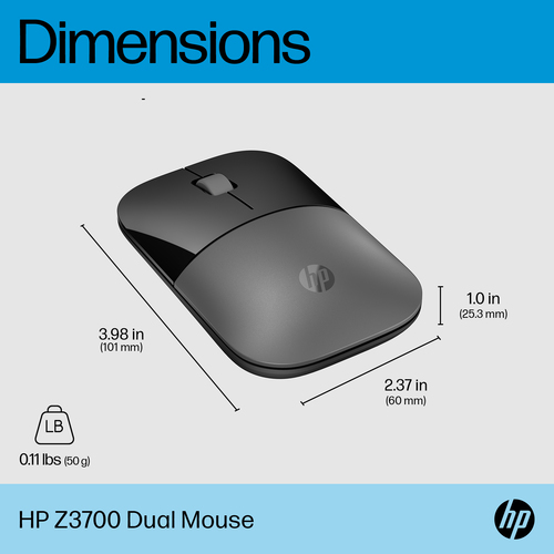 HP Z3700 Dual Silver Mouse, Ambidextrous, RF Wireless + Bluetooth