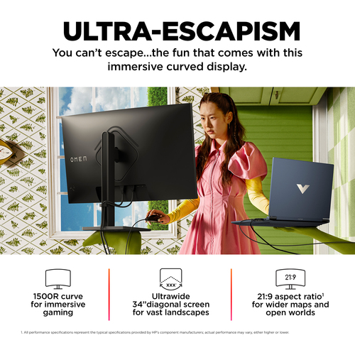 HP OMEN WQHD 165Hz Curved Gaming Monitor, (34"), 3440 x 1440 pixels, WQHD, LCD