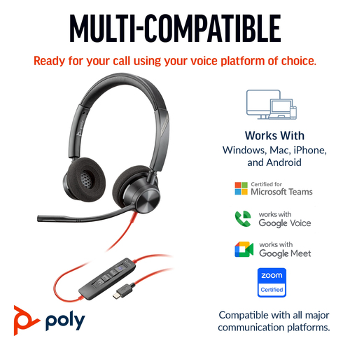 POLY Blackwire 3320 Stereo USB-C/A Adapter, Wired, 20 - 20000 Hz, Headset/Headphones, Black