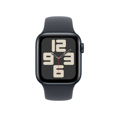 Apple Smartwatch SE Midnight Aluminium Case close up of Ion X glass display with rounded corners and digital interface.