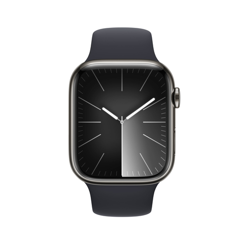 Apple Watch Series 9 GPS + Cellular 45mm graphite stainless steel case with midnight sport band front view