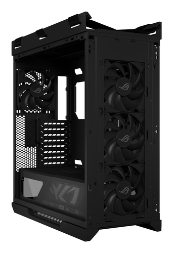 ASUS ROG Strix Helios II black gaming PC case with dual tempered glass panels, showcasing internal layout and premium aluminum frame for high end builds.