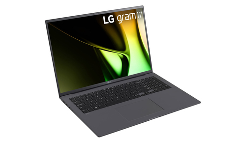 LG Gram 17 laptop side view, slim lightweight design with Intel Core Ultra 7 processor