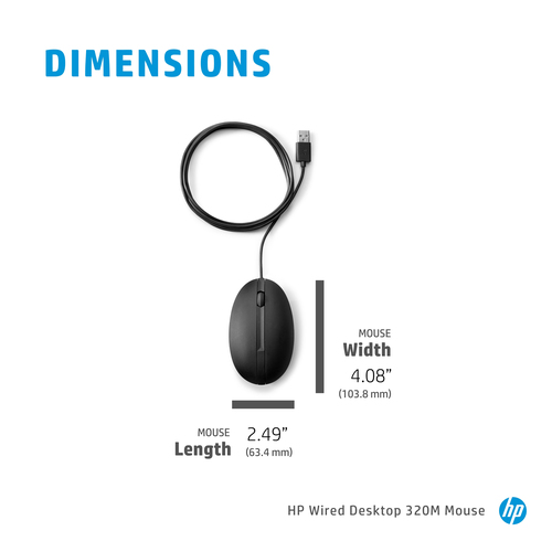 HP Wired Desktop 320M Mouse, Ambidextrous, Optical, USB Type-A, 1000 DPI, Black
