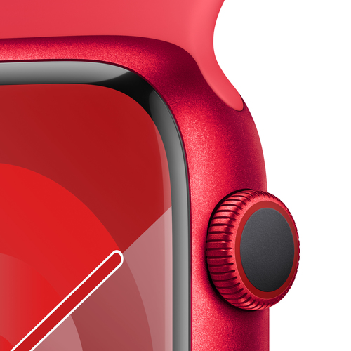Apple Smartwatch Series 9 red aluminium case close up on screen and band finish with GPS and Wi Fi support.