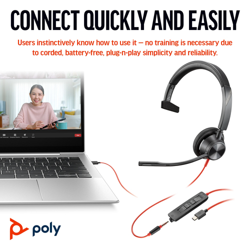 POLY Blackwire 3315 Monaural 3.5mm Plug +USB-C/A, Wired Headset/Headphones Black