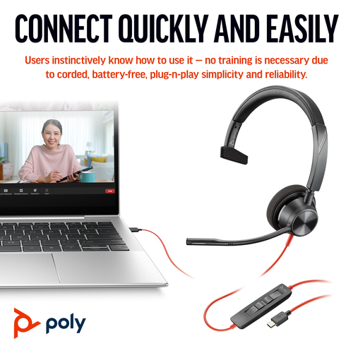 POLY Blackwire 3310 Monaural USB-C/A Adapter, Wired, Headset/Headphones, Black