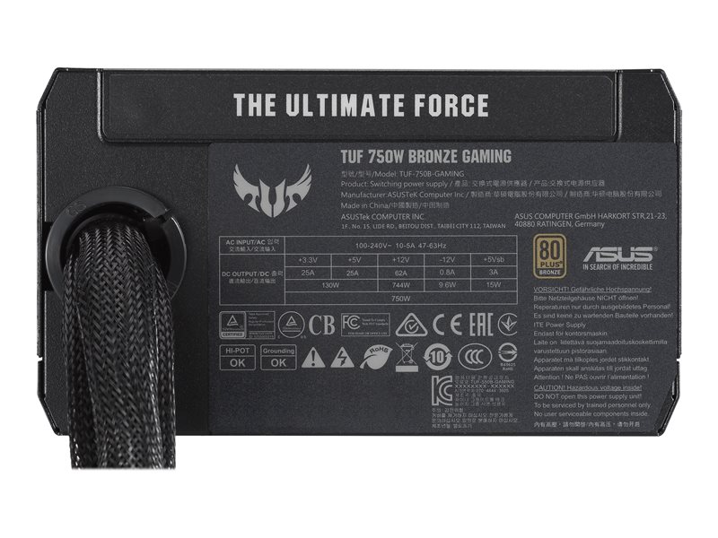 Rear label of ASUS TUF 750B power supply displaying 80 Plus Bronze specs