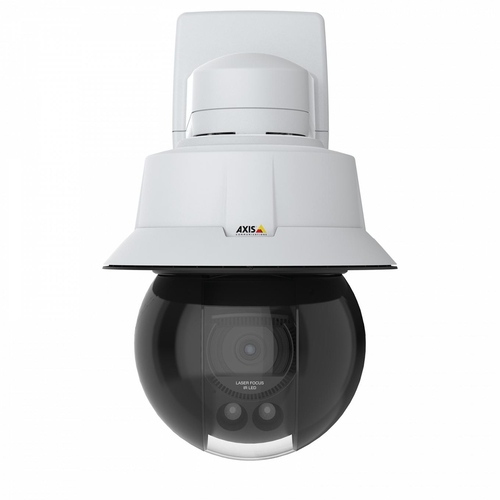 Axis 02446-003 outdoor wired IP camera mounted on a warehouse wall with 4K UHD resolution and 31x optical zoom