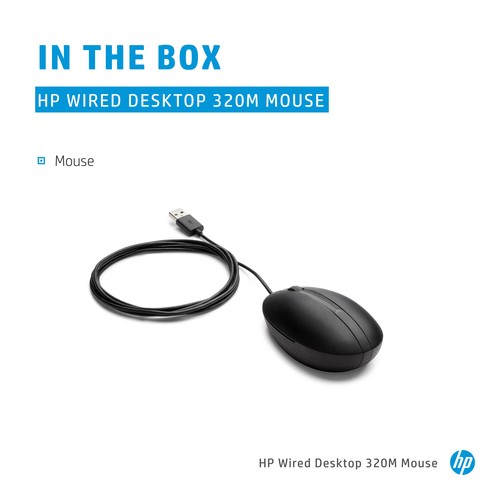 HP Wired Desktop 320M Mouse, Ambidextrous, Optical, USB Type-A, 1000 DPI, Black