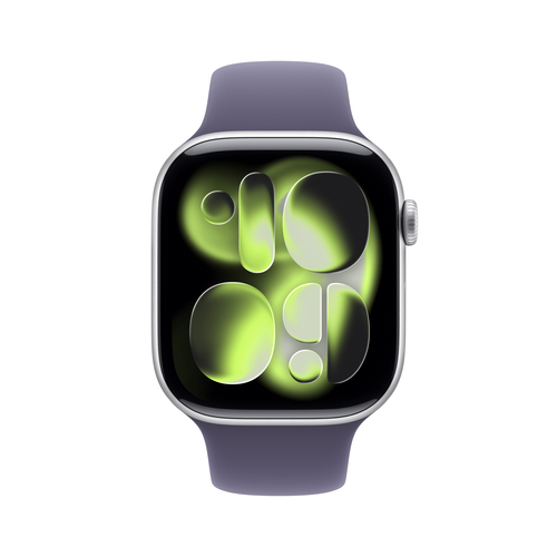 Side view of Apple Watch Series 11 showing aluminum case and removable rubber strap