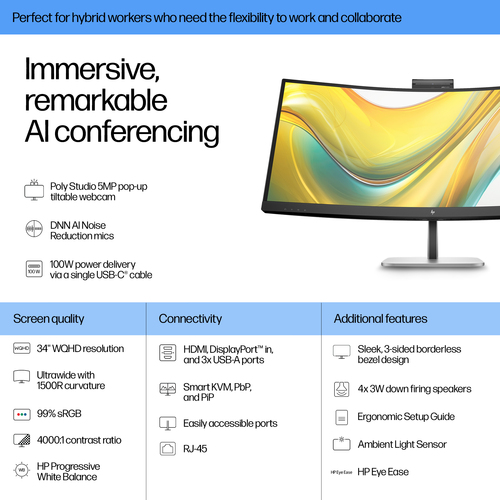 HP Series 5 Pro 34 inch WQHD USB-C Conferencing Monitor, 3440 x 1440 pixels, LCD