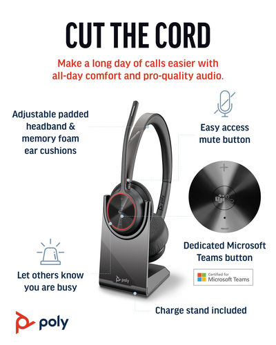 POLY Voyager 4320 UC Stereo BT700 USB-A Adapter, Wireless, 20 - 20000 Hz, Headset/Headphones, Black