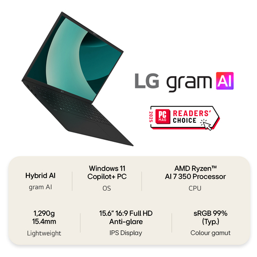 LG Gram 15Z80T-G AI Copilot +PC ,  AMD Ryzen AI 7 16GB/1TB 15.6 Inch FHD Laptop