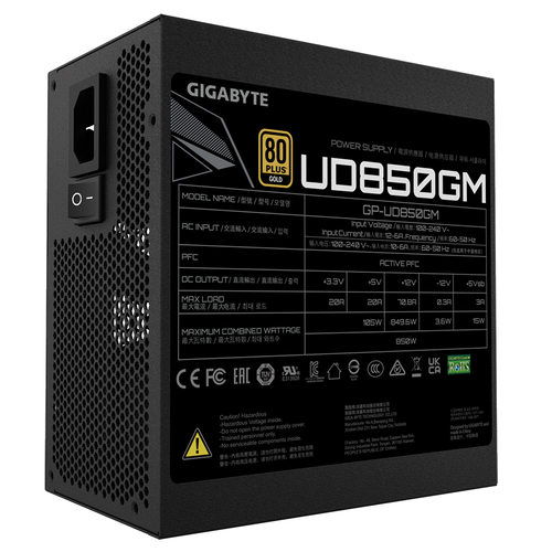 GIGABYTE UD850GM, 850 W, 100 - 240 V, 50/60 Hz, 12 - 6 A, Power Supply