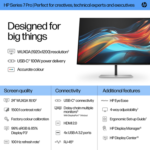 HP Series 7 Pro 24 inch WUXGA USB-C Monitor, 1920 x 1200 pixels, LCD
