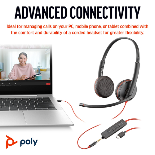 POLY Blackwire 3225 Stereo 3.5mm Plug +USB-C/A Adapter (Bulk), Wired, 20 - 20000 Hz, Headset/Headphones, Black