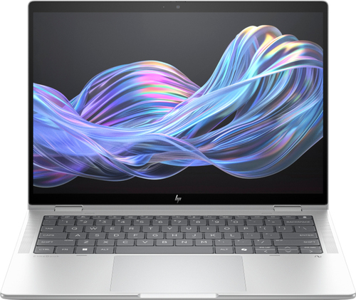 HP EliteBook X Flip G1i grey hybrid laptop in laptop mode with 14 inch touchscreen display open