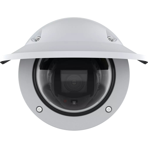 Close-up of Axis P3277-LVE dome camera lens with built-in IR LEDs for night vision and AI analytics