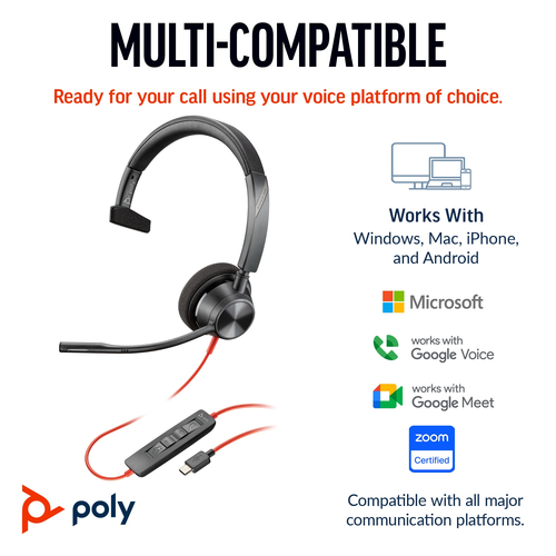 POLY Blackwire 3310 Monaural  USB-C/A Adapter, Wired, Headset/Headphone, Black