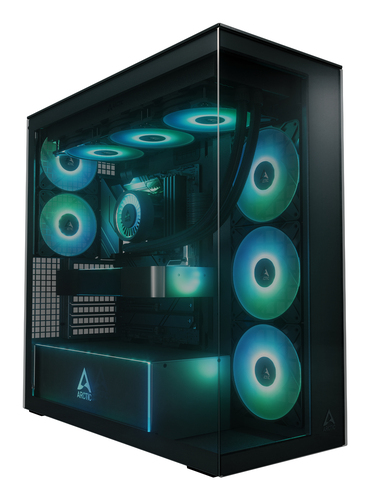 ARCTIC Xtender Black E-ATX gaming tower PC case front view with tempered glass
