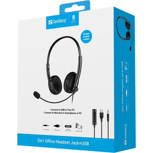 Sandberg 2-in-1 Office Headset Jack + USB, Wired, 20 - 20000 Hz, Headphones, Black