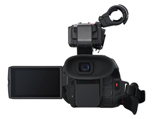 Close-up of Panasonic AG-CX20 lens highlighting 25-600 mm optical zoom range