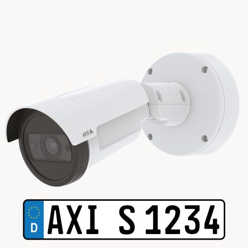Axis 02811-001 Outdoor IP Security bullet camera mounted on a white wall, showing 1080p lens and telephoto design